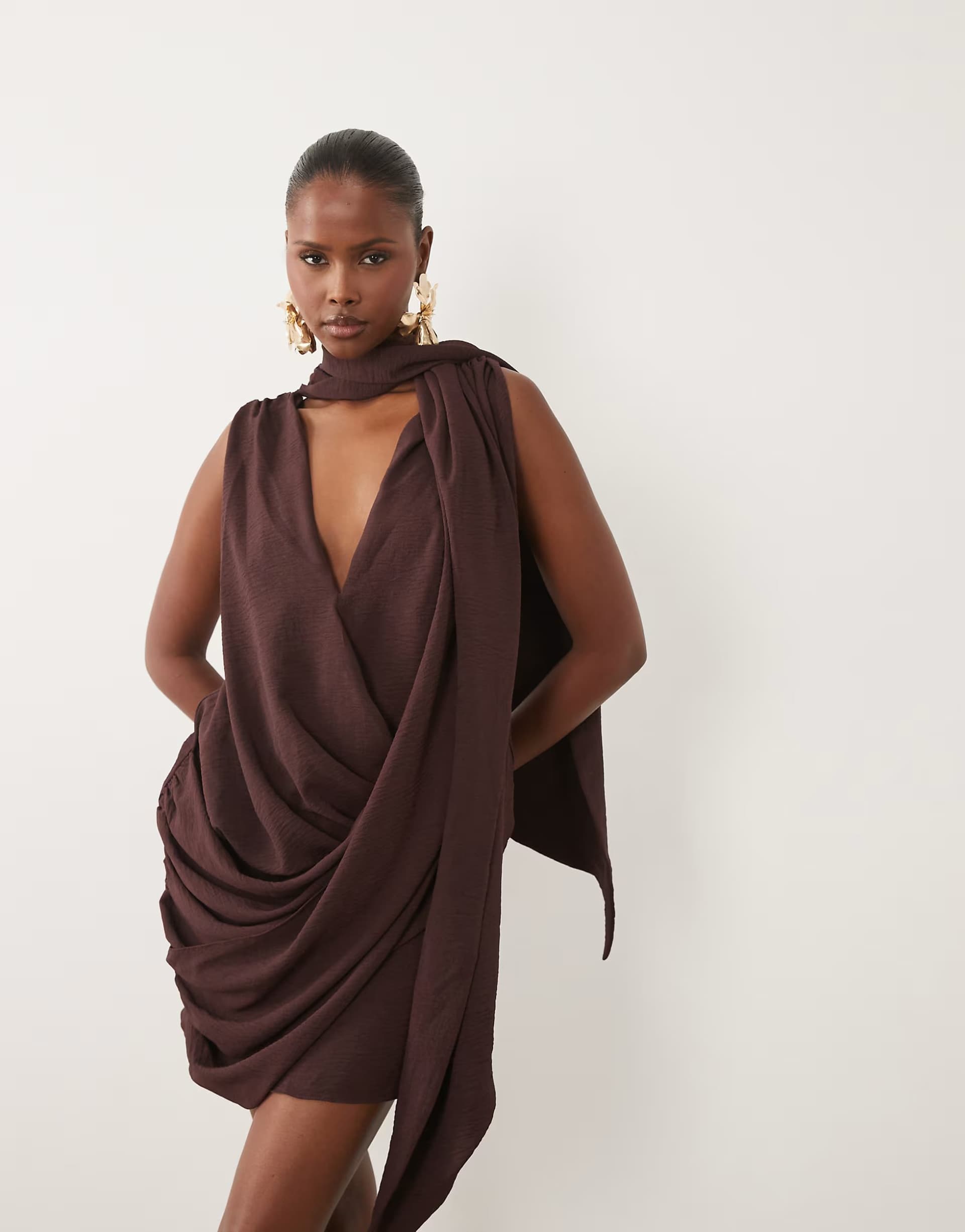 ASOS ASOS DESIGN drape wrap front mini with scarf detail in chocolate