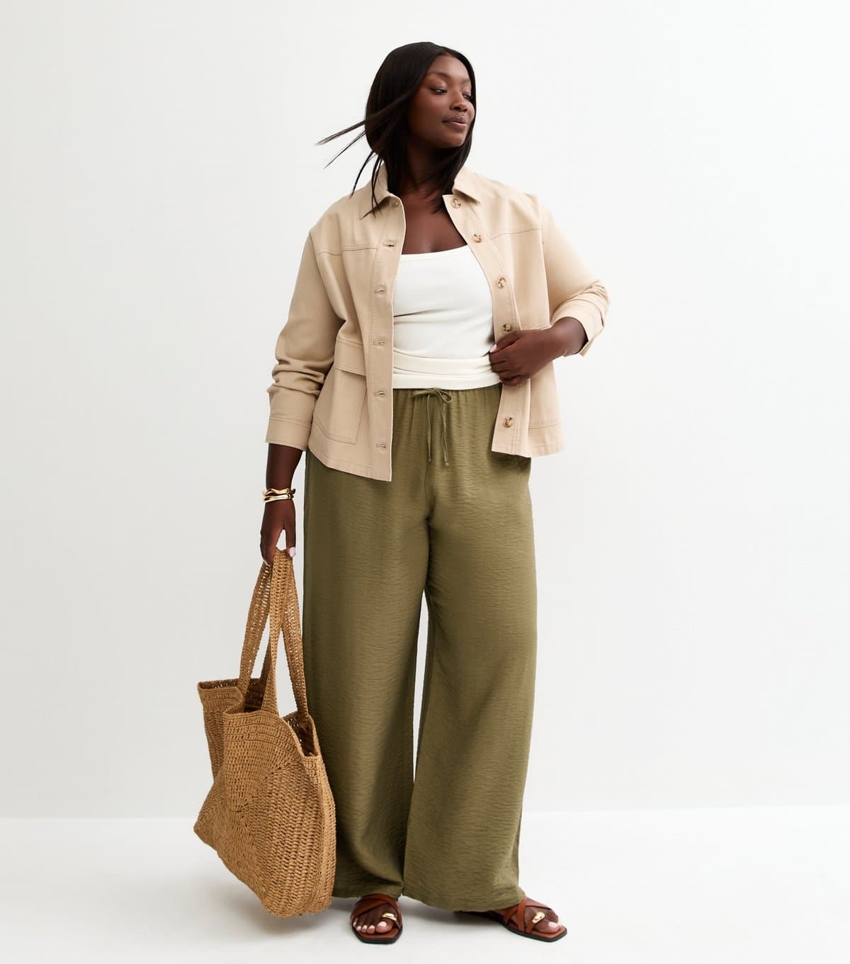 New Look Women's Plus Size Khaki Textured Wide Leg Trousers Curves New Look