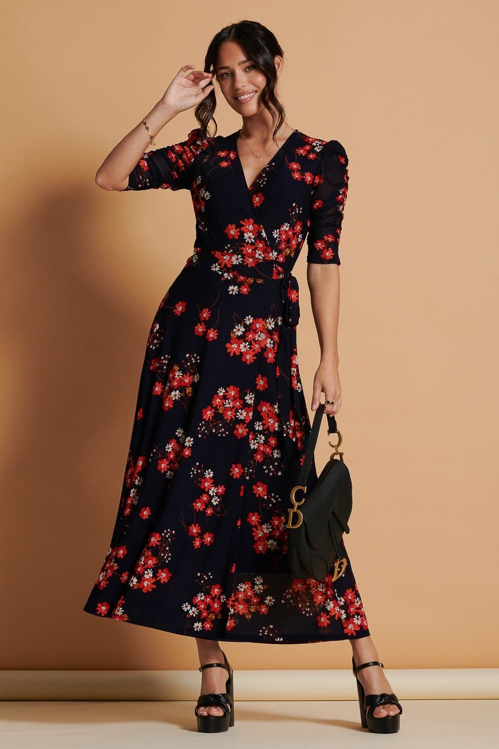 Jolie Moi Jolie Moi Women's Qaliyah Wrap Front Mesh Maxi Dress in Dark Navy