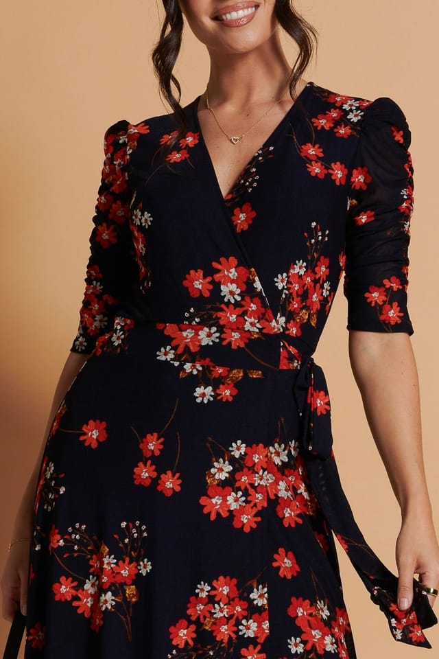 Jolie Moi Jolie Moi Women's Qaliyah Wrap Front Mesh Maxi Dress in Dark Navy - 3