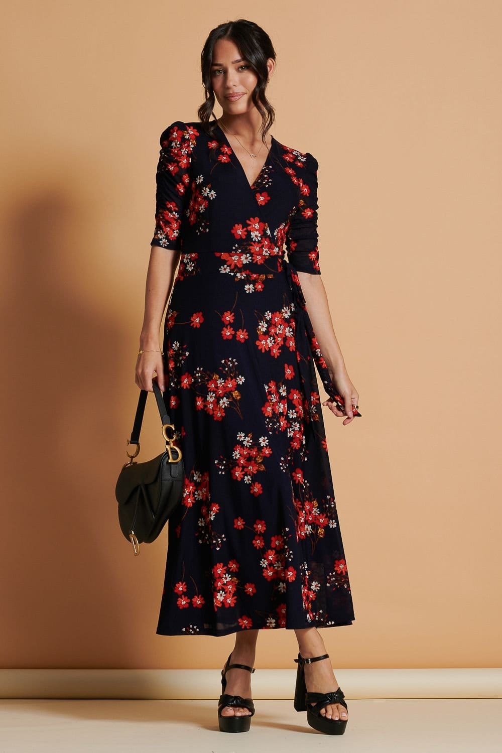 Jolie Moi Jolie Moi Women's Qaliyah Wrap Front Mesh Maxi Dress in Dark Navy - 4