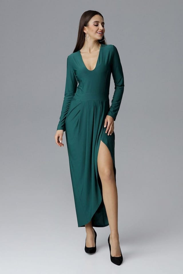 Love Lace Love Lace Women's Heart Neck Asymmetrical Long Sleeve Slit Dress in Green - 2