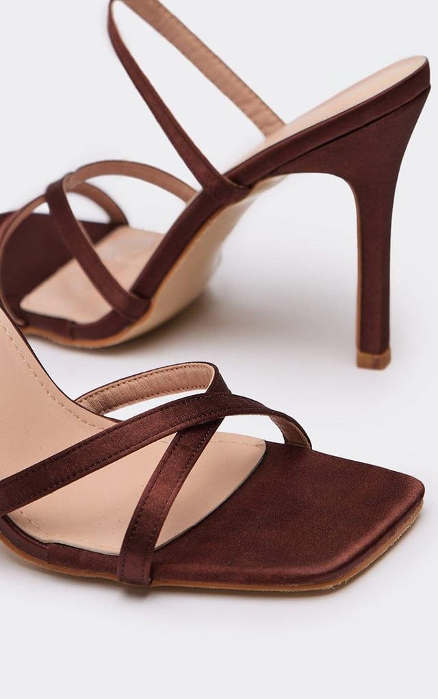 EGO Oasis Strappy Square Toe Stiletto Heel In Brown Satin, Women's Size UK 3 - 2