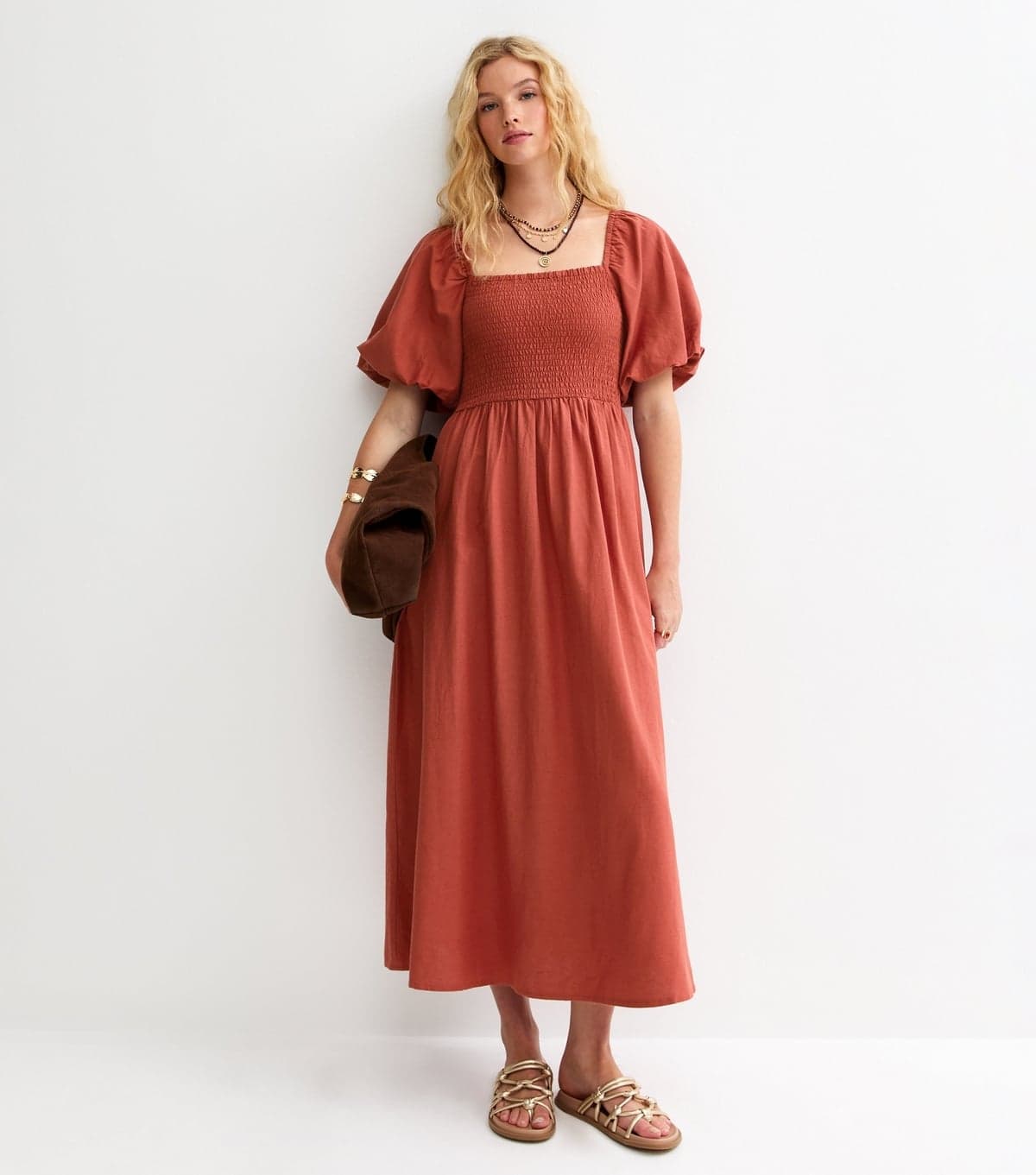 New Look Women's Dark Orange Milkmaid Midi Dress New Look