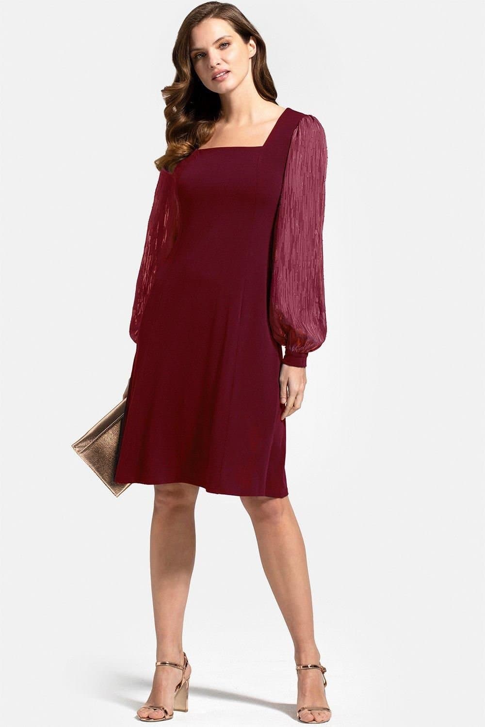 Hot Squash Hot Squash Women's Square Neck Jersey Dress with Chiffon in Burgundy