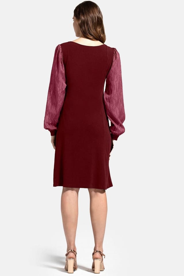 Hot Squash Hot Squash Women's Square Neck Jersey Dress with Chiffon in Burgundy - 2