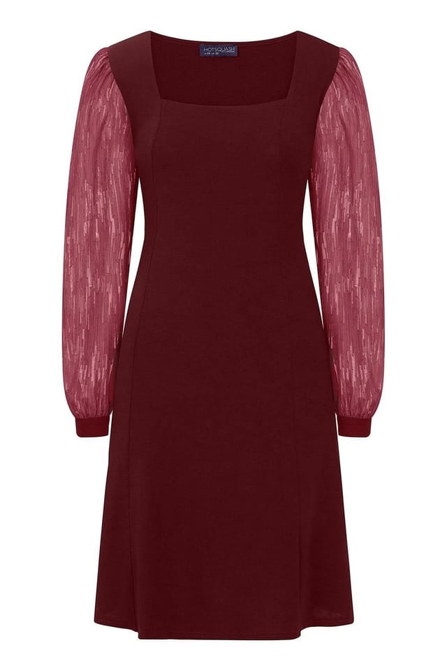 Hot Squash Hot Squash Women's Square Neck Jersey Dress with Chiffon in Burgundy - 3