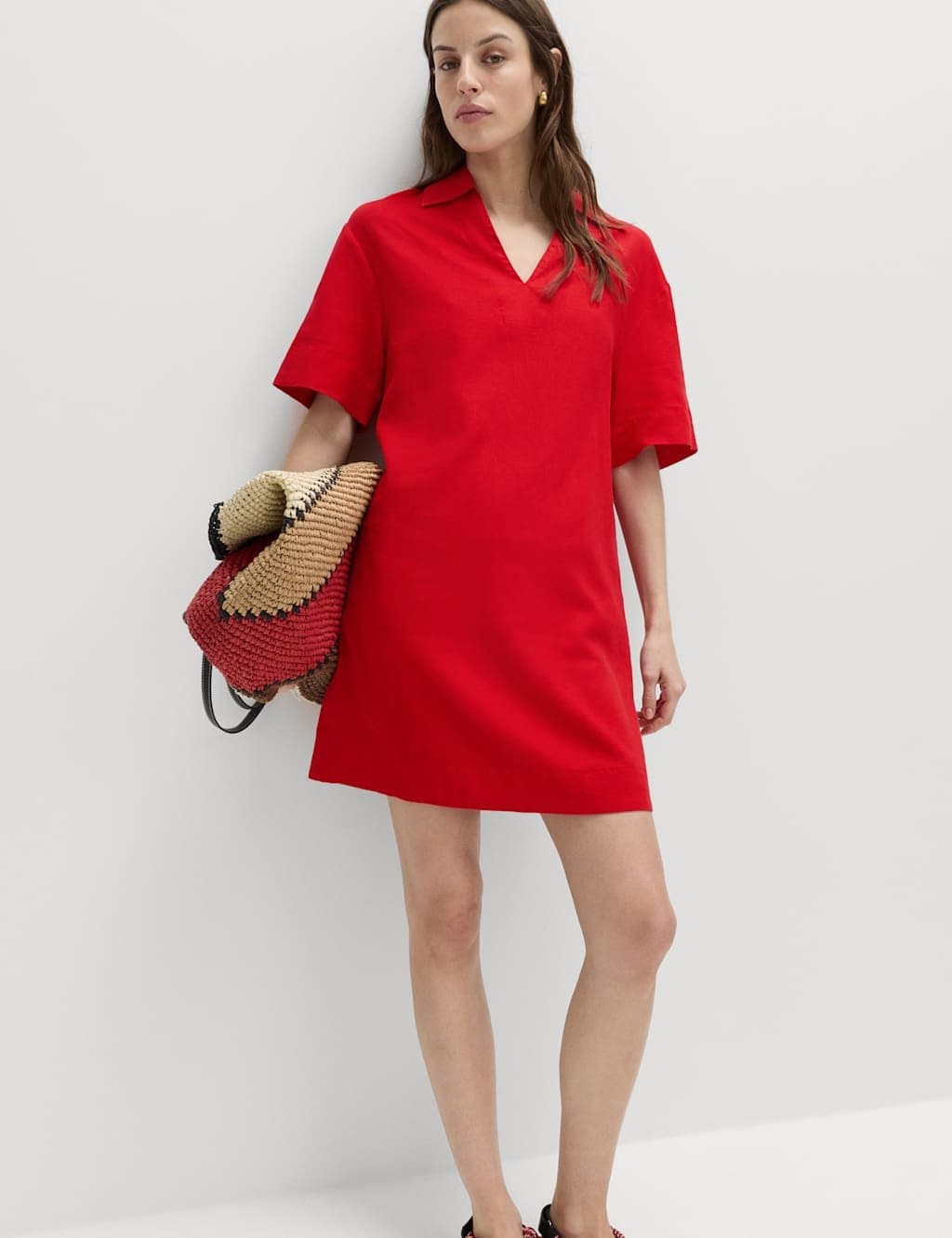 Marks & Spencer M&S Linen Rich Collared Mini Shift Dress Lacquer Red
