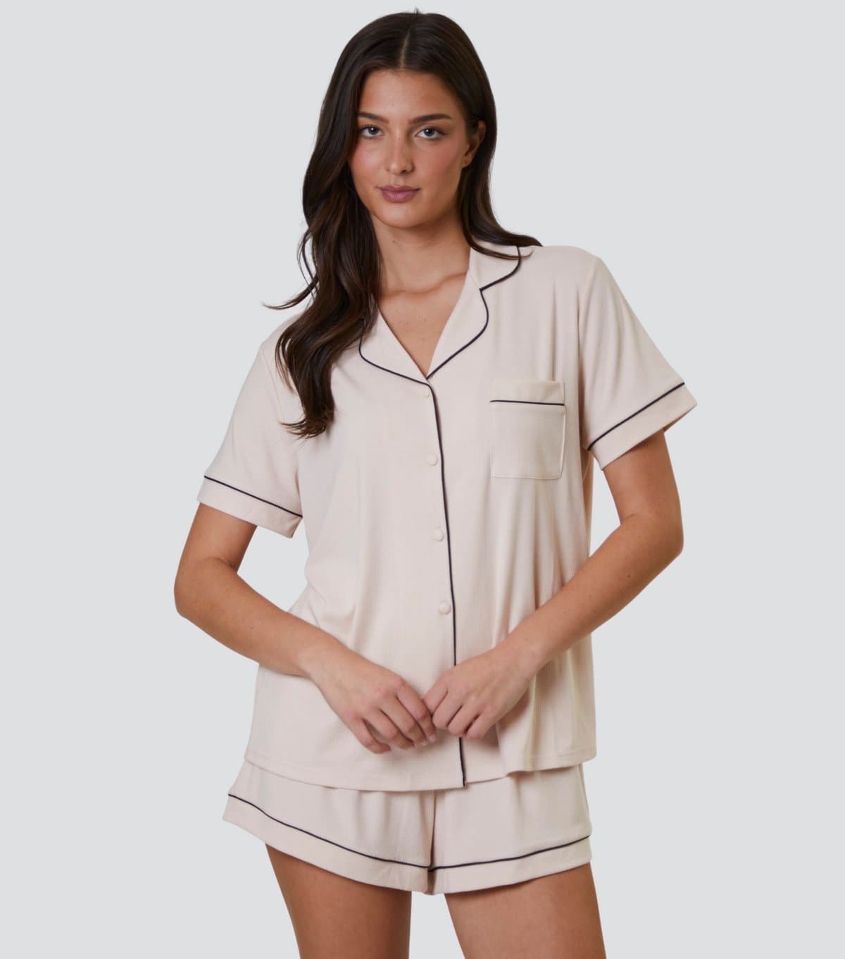 Loungeable Women's Cream Ribbed Shirt and Shorts Pyjama Set Loungeable New Look