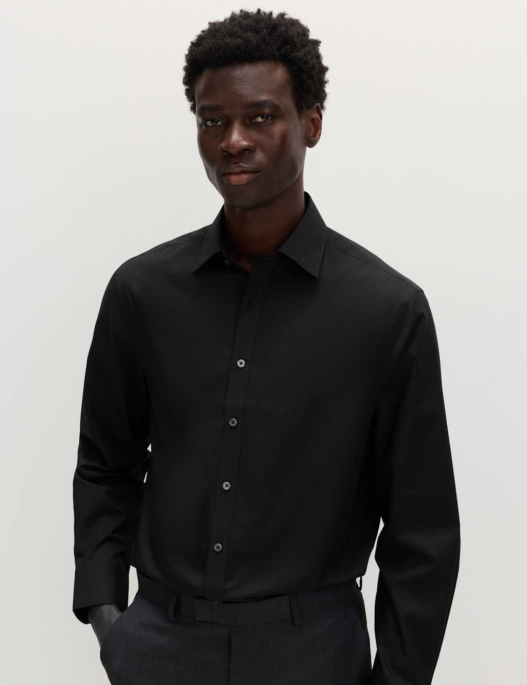 Marks & Spencer M&S Black Cotton Blend Regular Fit Shirt