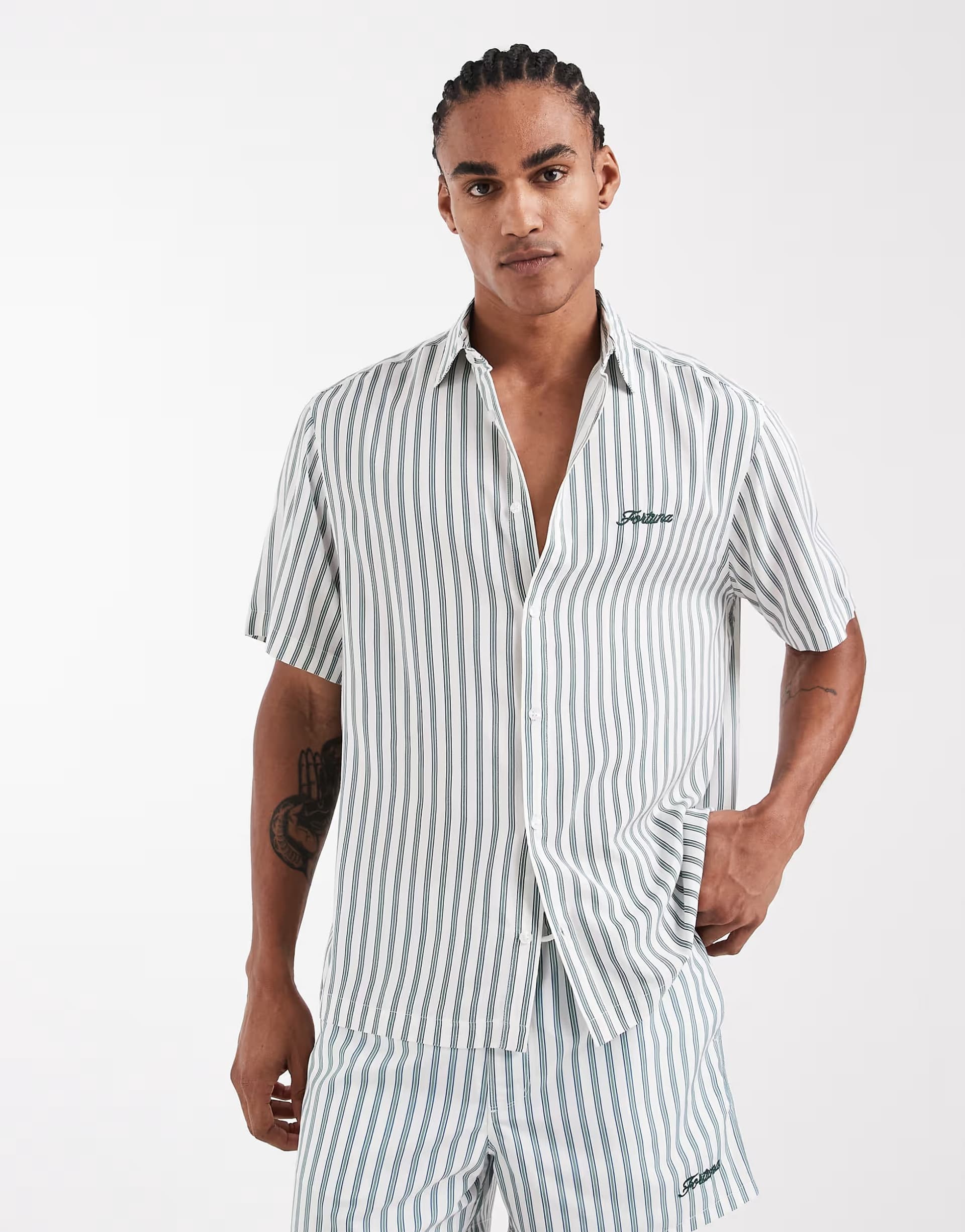 ASOS ASOS DESIGN co-ord relaxed stripe shirt with chest embroidery in white and green