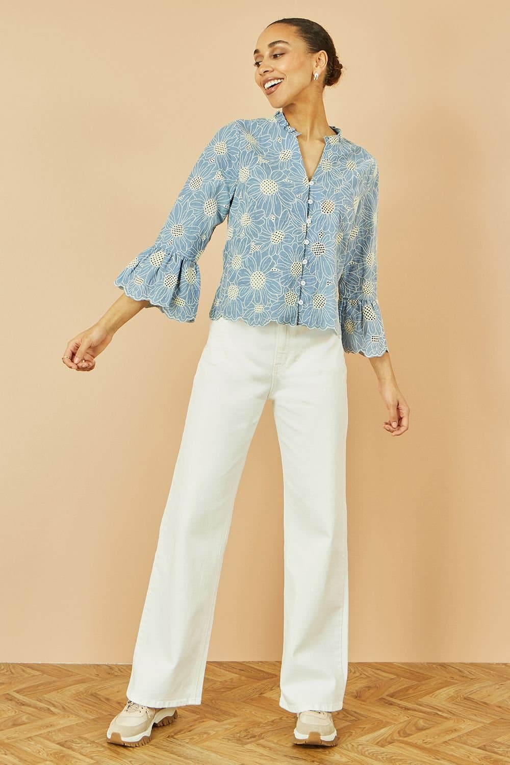 Yumi Yumi Women's Blue Daisy Broderie Shirt With Fluted Sleeves
