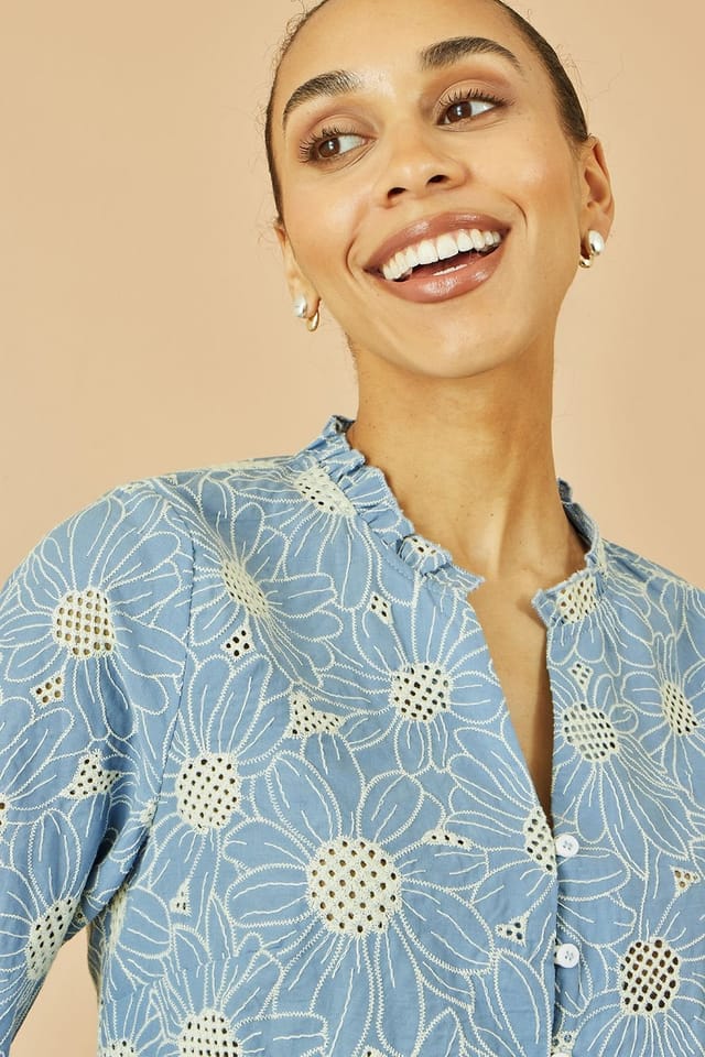 Yumi Yumi Women's Blue Daisy Broderie Shirt With Fluted Sleeves - 2