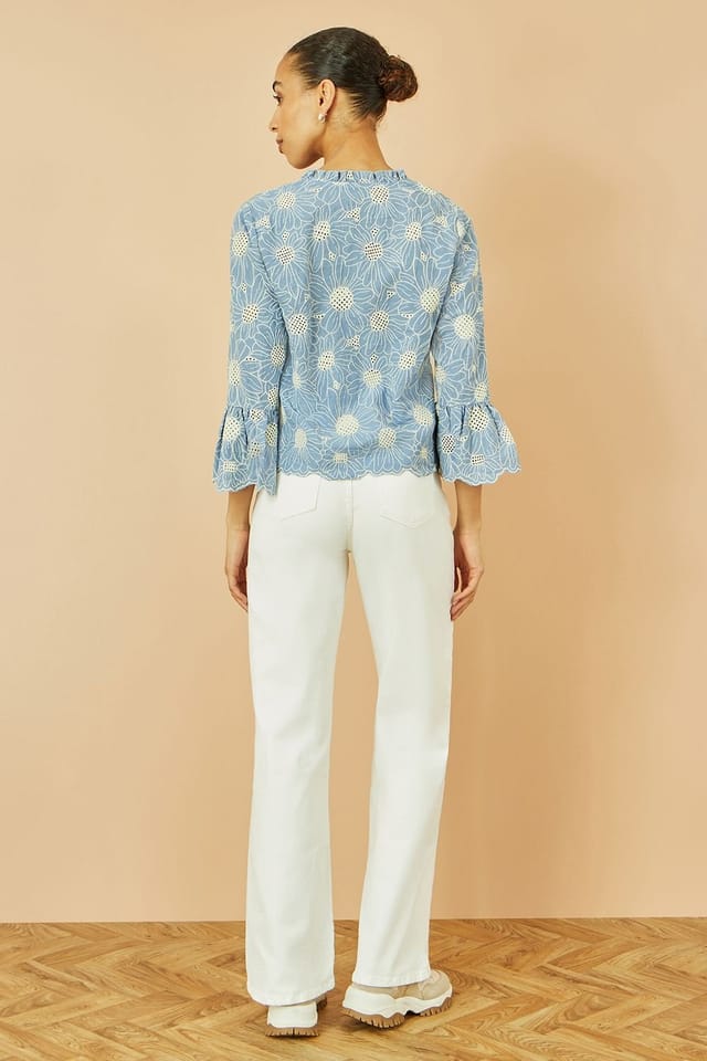 Yumi Yumi Women's Blue Daisy Broderie Shirt With Fluted Sleeves - 3