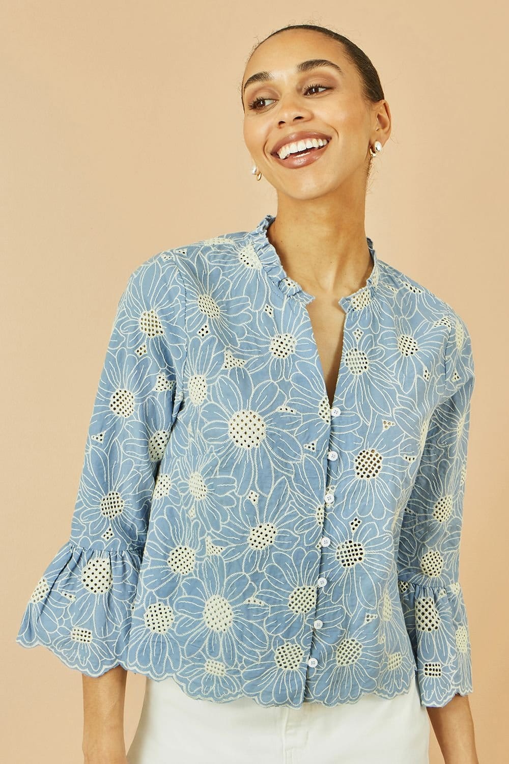 Yumi Yumi Women's Blue Daisy Broderie Shirt With Fluted Sleeves - 4
