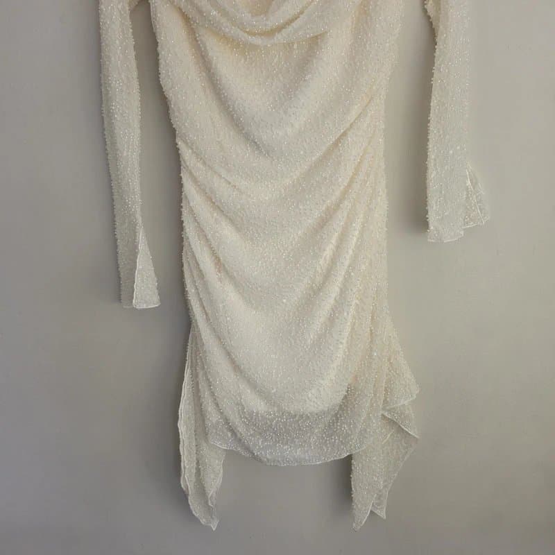 Oh Polly Oh Polly Ferrara Long Sleeve Embellished Cowl Neck Mini Dress in White Size 10