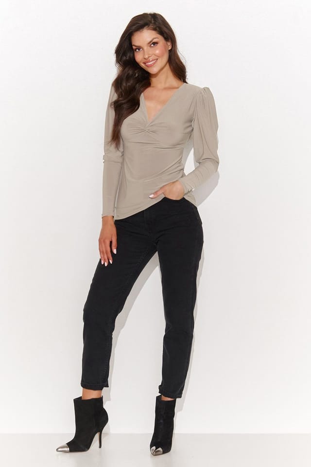 Love Lace Love Lace Women's Fitted V Neck Blouse with Buff Sleeves in Beige - 2