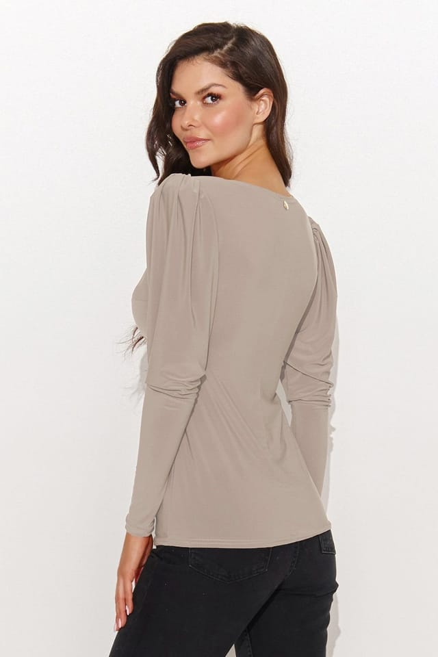 Love Lace Love Lace Women's Fitted V Neck Blouse with Buff Sleeves in Beige - 3