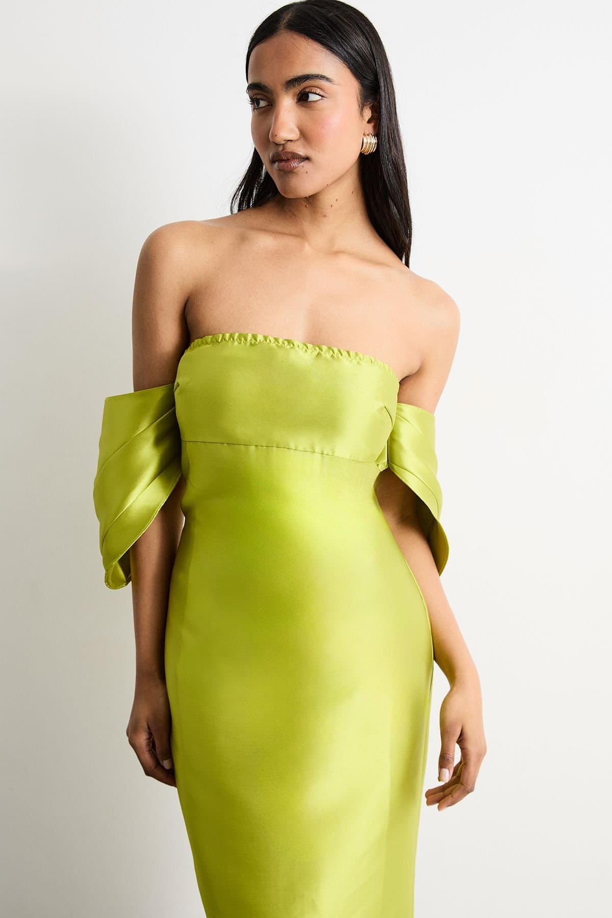 Warehouse Warehouse Women's Structured Puff Sleeve Bardot Midi Dress in Chartreuse