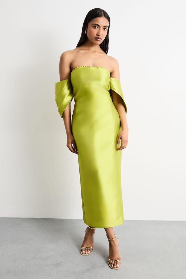 Warehouse Warehouse Women's Structured Puff Sleeve Bardot Midi Dress in Chartreuse - 2