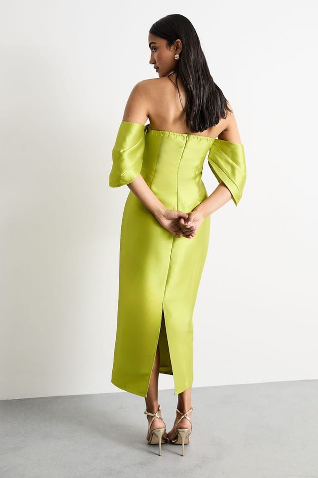 Warehouse Warehouse Women's Structured Puff Sleeve Bardot Midi Dress in Chartreuse - 3