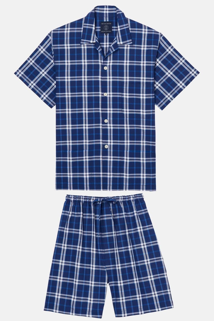 British Boxers British Boxers Men's "Chester Blue on Blue" Check Crisp Cotton Short Pyjama Set in Dark Blue - 1