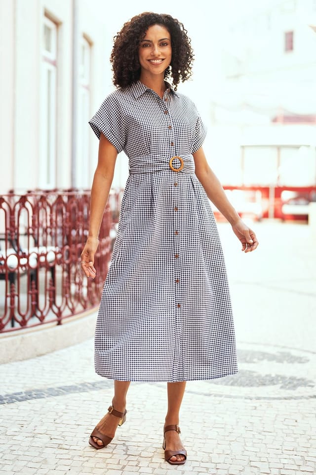 Yumi Yumi Women's Black & White Gingham Relaxed Shirt Dress With Matching Belt - 3