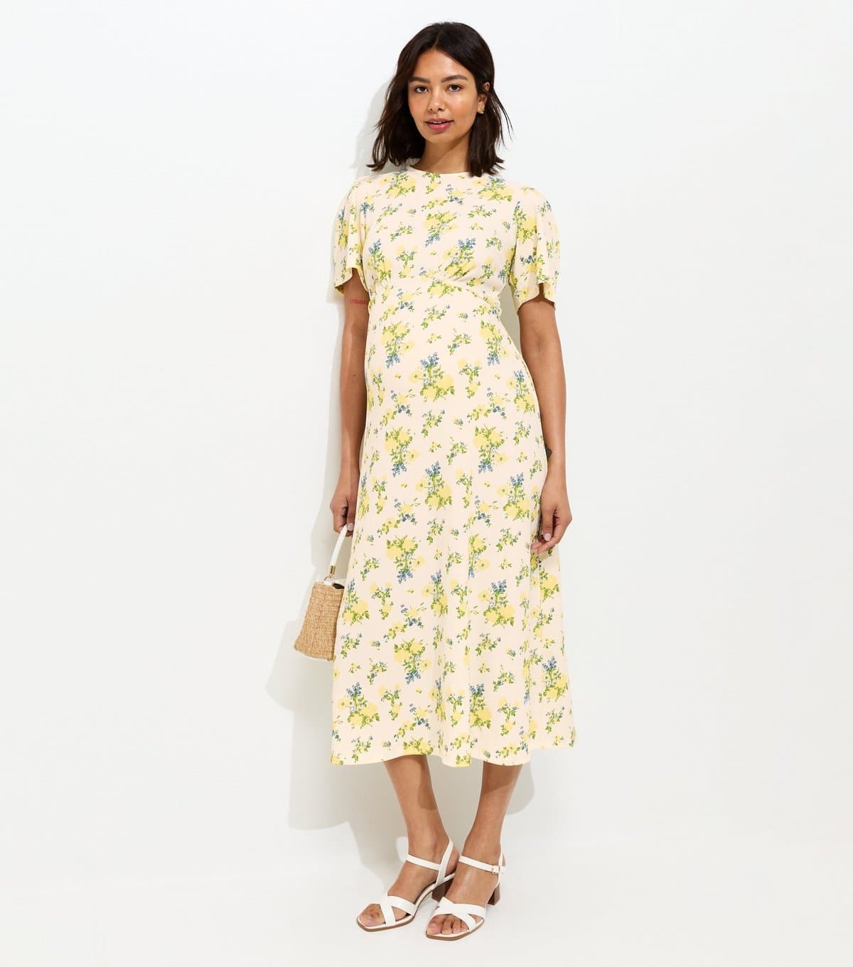 New Look Women's Maternity Yellow Floral Print Short Sleeve Midi Dress New Look