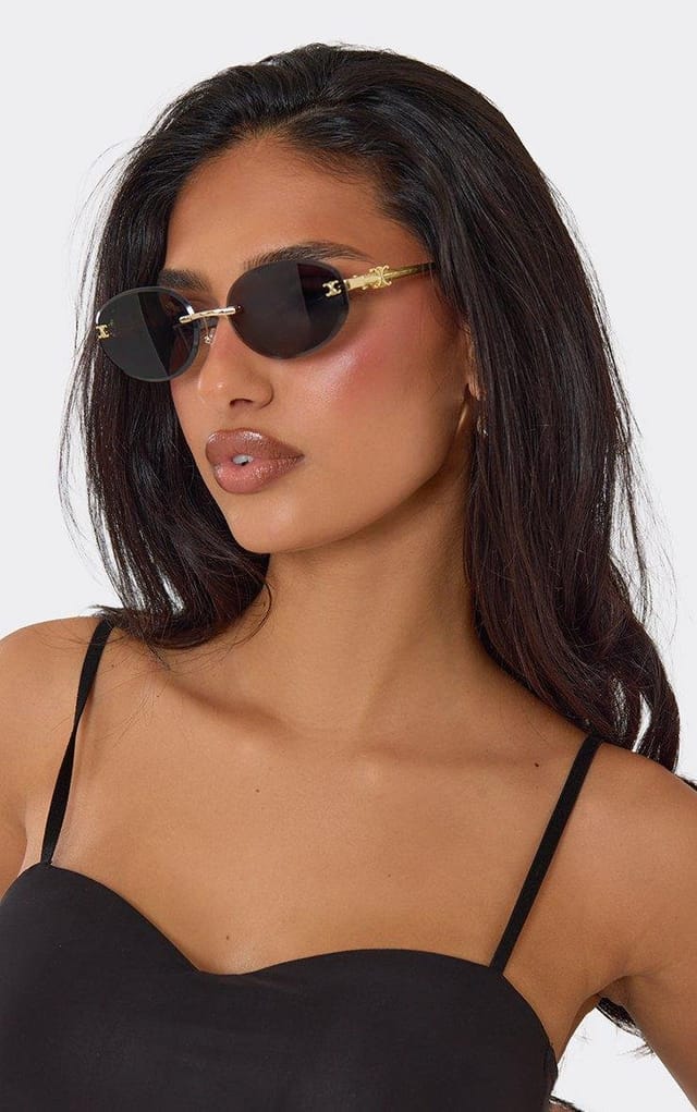 EGO Gold Frame Logo Detail Oval Shaped Tinted Lense Sunglasses In Brown, Women's Size UK 0 - 2