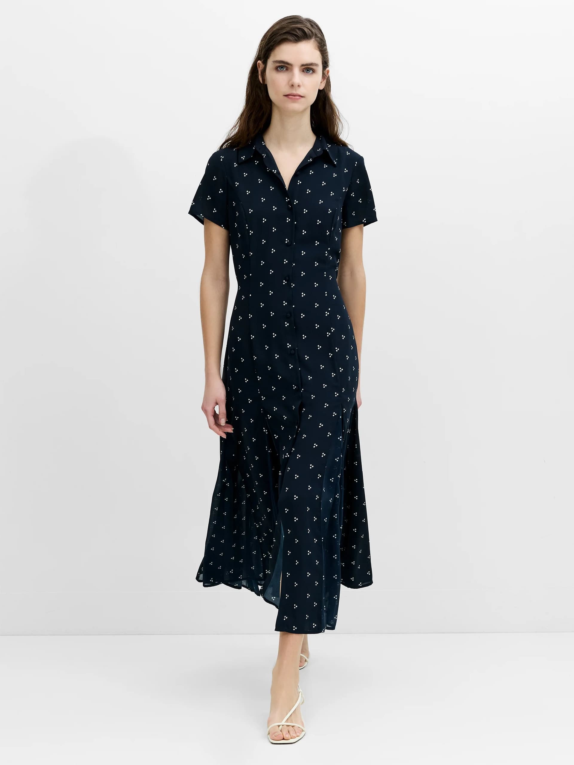 French Connection Mila Geo Printed Dark Blue Midi Shirt Dress New Navy/Winter White