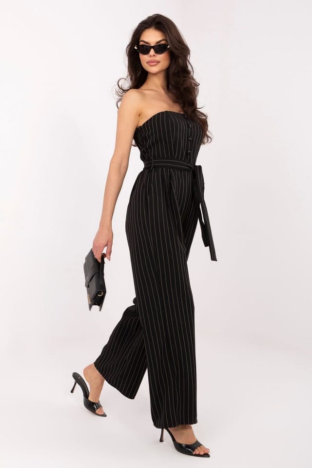 Love Lace Love Lace Women's Striped Sleeveless Wide Leg Jumpsuit with Belt in Black - 2