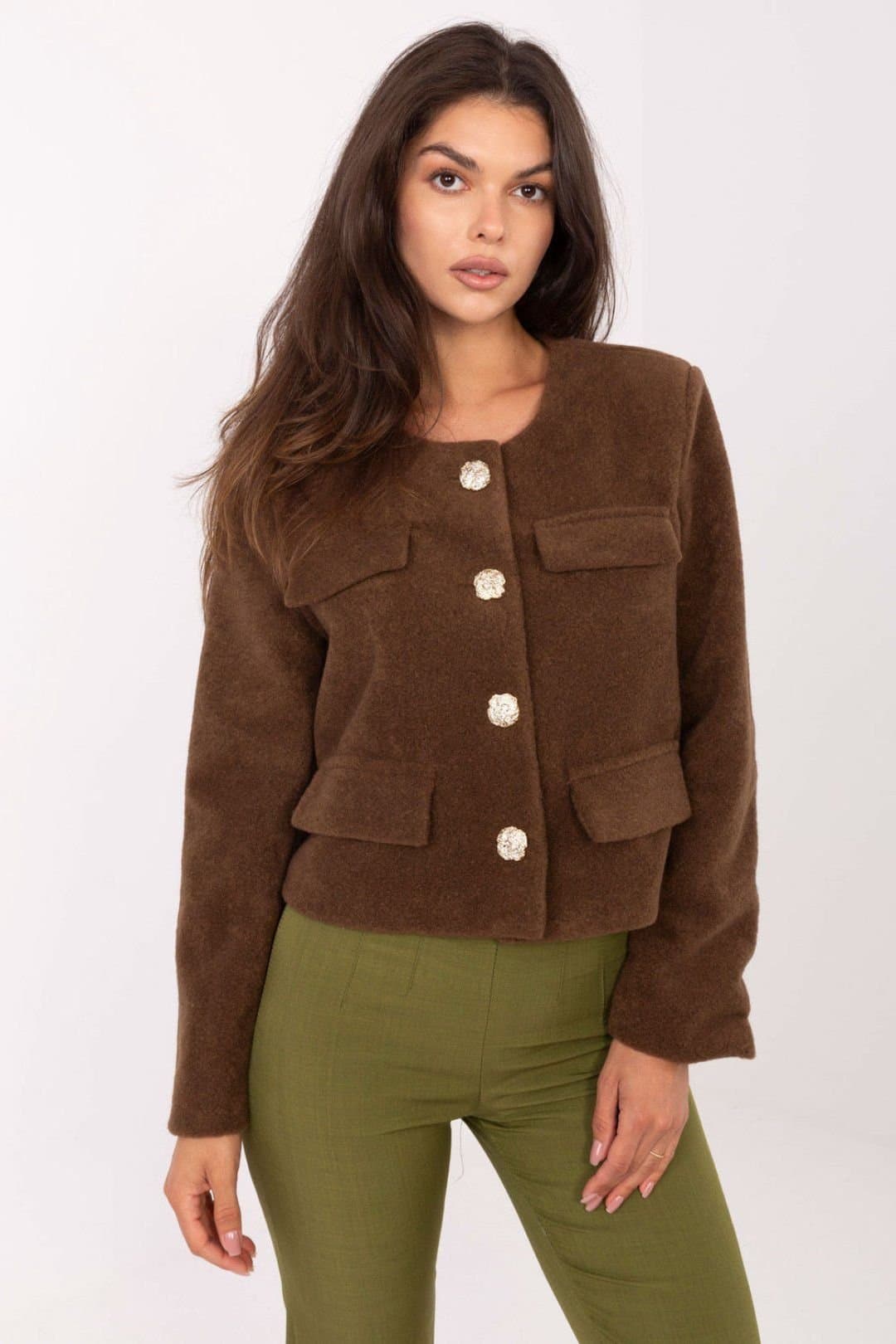 Love Lace Love Lace Women's Elegant Short Cut Button Jacket for Work in Brown