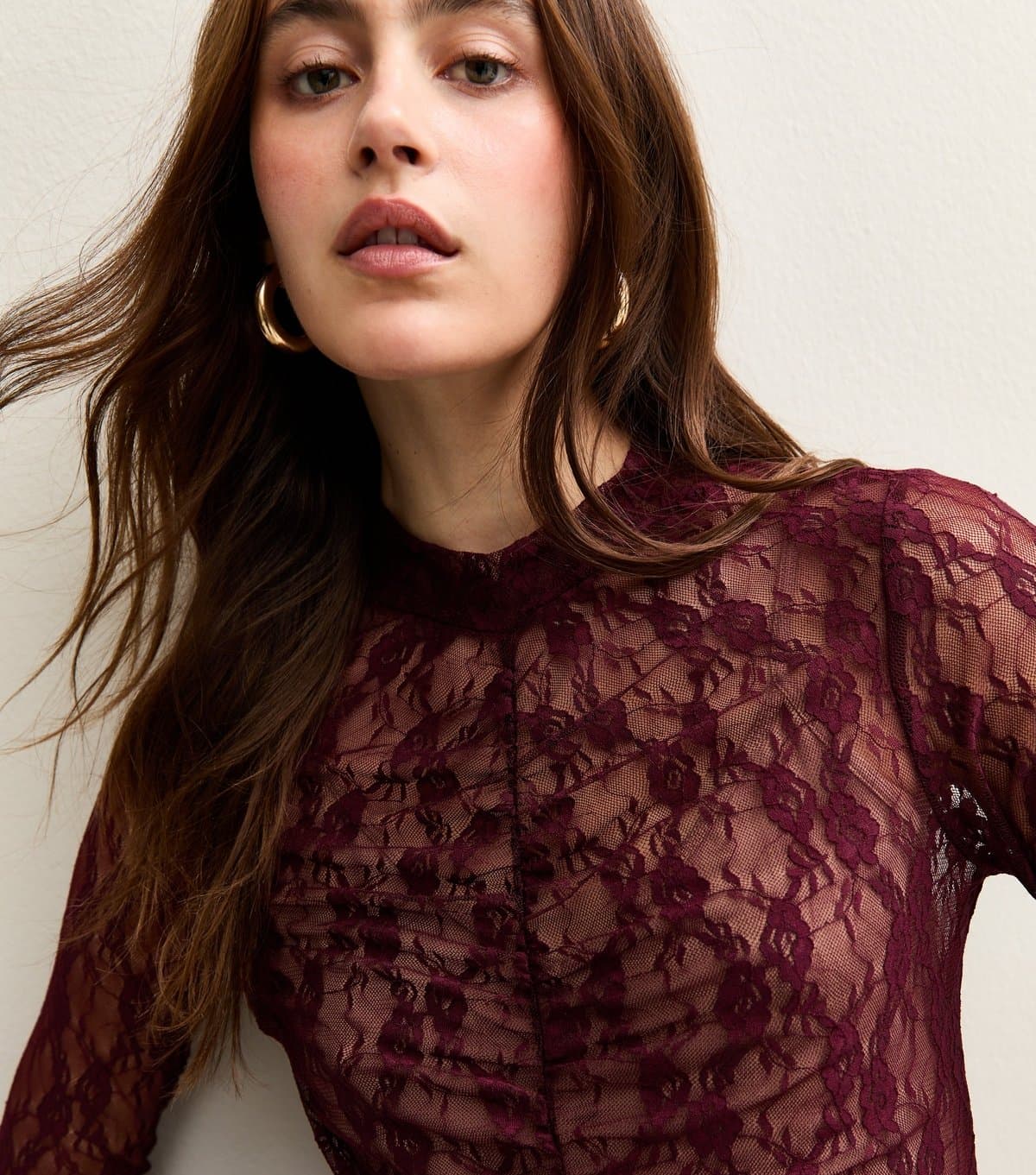 New Look Women's Burgundy Ruched Sheer Unlined Lace Long Sleeve Bodysuit New Look