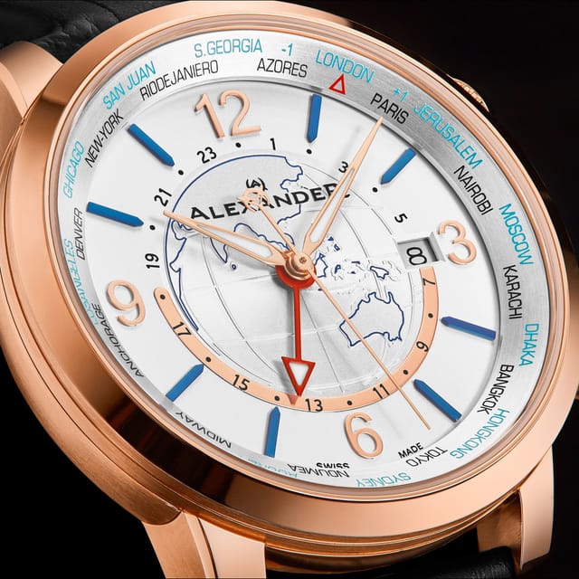 Alexander Alexander Men's A171A Journeyman 2 Luxury 42mm World Traveler Watch with Dark Blue Enamel Earth Pattern Crown in Silver - 2