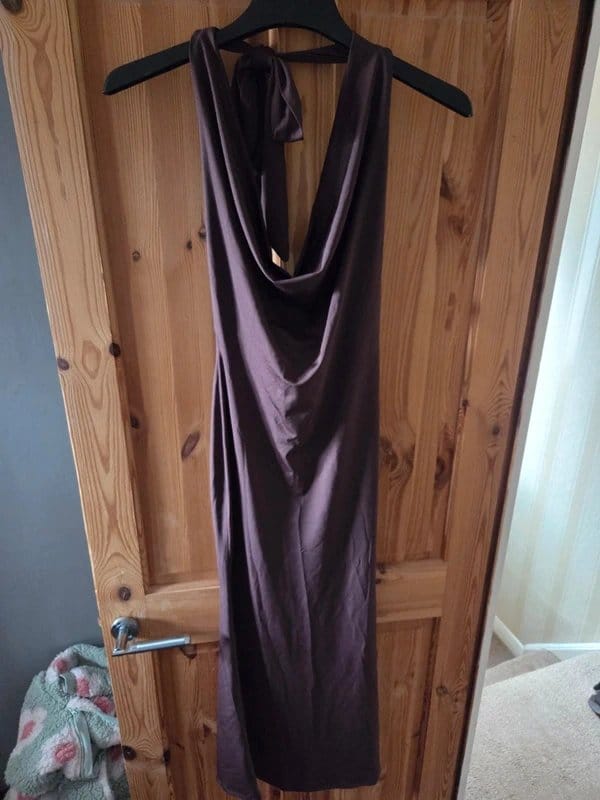 New Look Brown Satin Halter Cowl Neck Maxi Dress