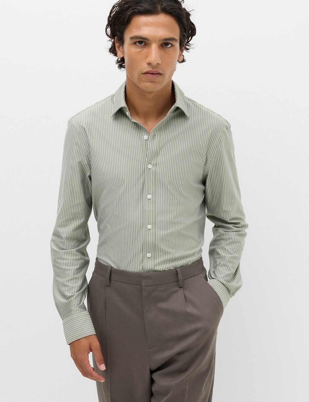 Marks & Spencer M&S Ultimate Regular Fit Jersey Striped Shirt Green Mix