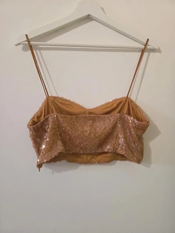 Bershka Bershka - Brown Sequin Embellished Crop Top with Thin Straps - Size Large - NWT