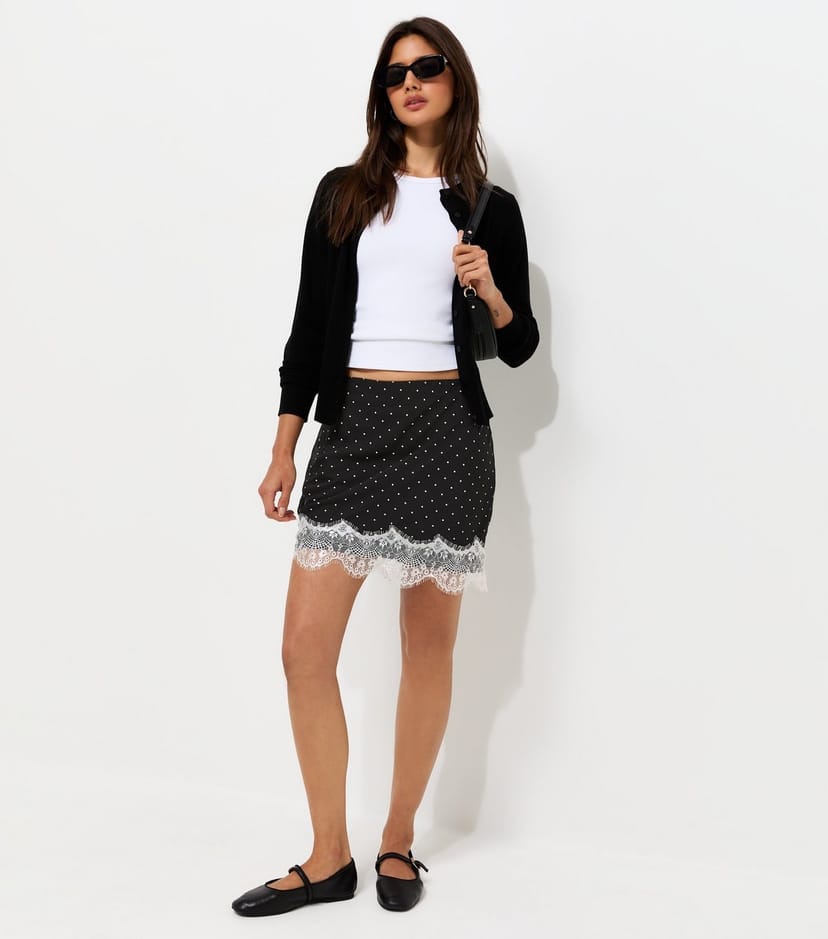 New Look Women's Black Spot Print Lace Trim Mini Skirt New Look - 1