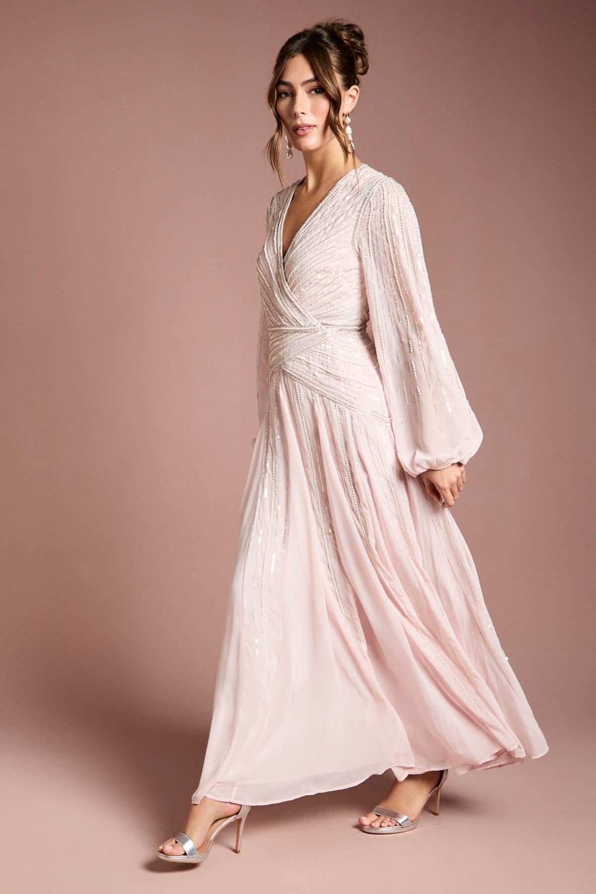 Coast Coast Women's Long Sleeve Linear Embellished Maxi Dress in Blush