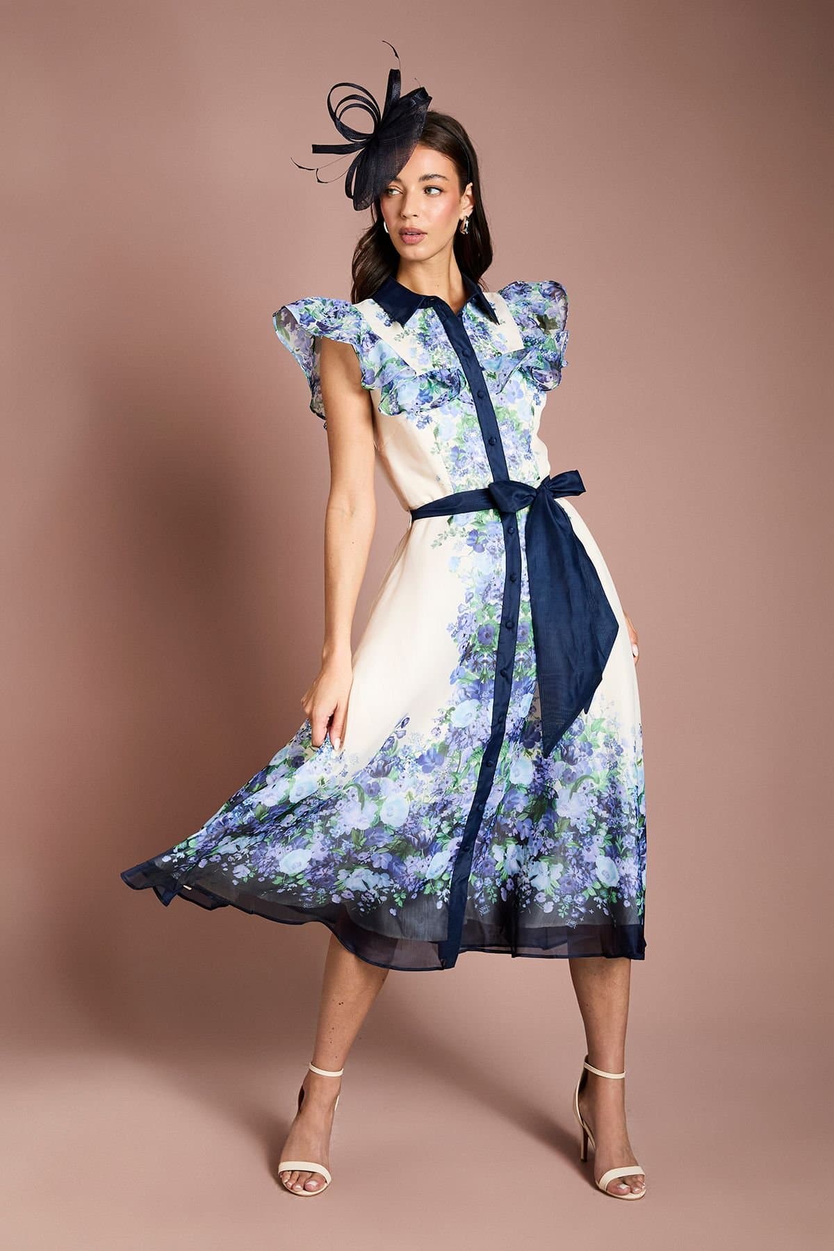 Coast Coast Women's Placement Print Frill Sleeve Belted Midi Dress in Ivory