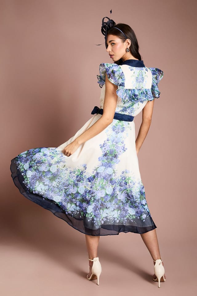 Coast Coast Women's Placement Print Frill Sleeve Belted Midi Dress in Ivory - 3