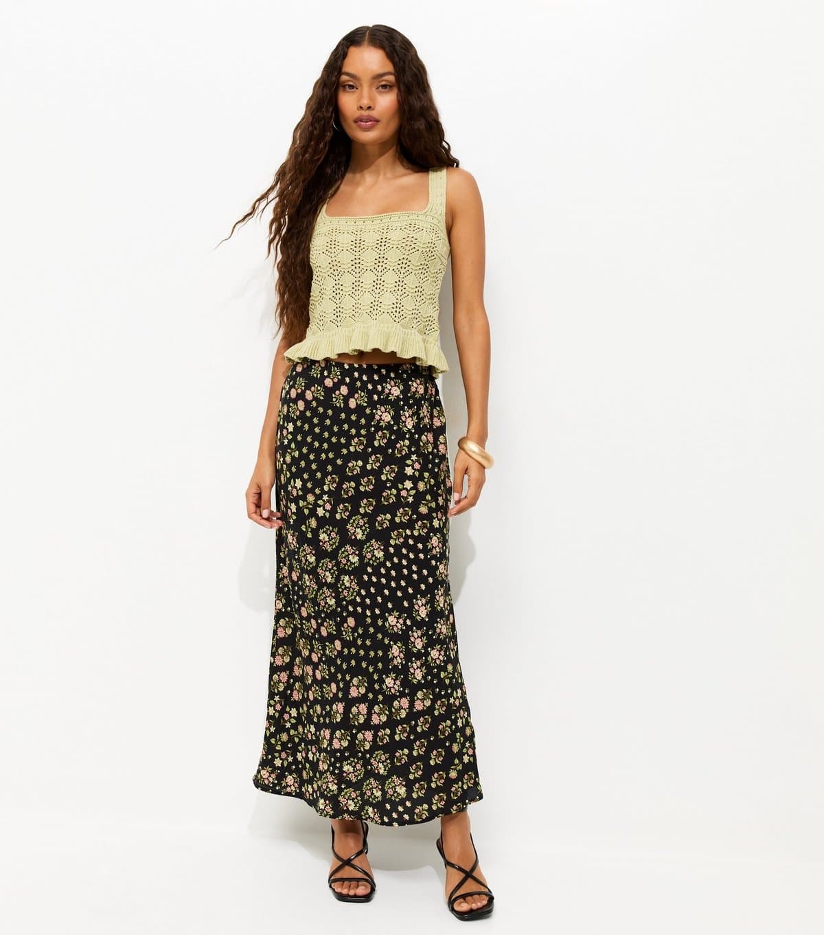 New Look Women's Petite Black Floral Print Bias Cut Midi Skirt New Look