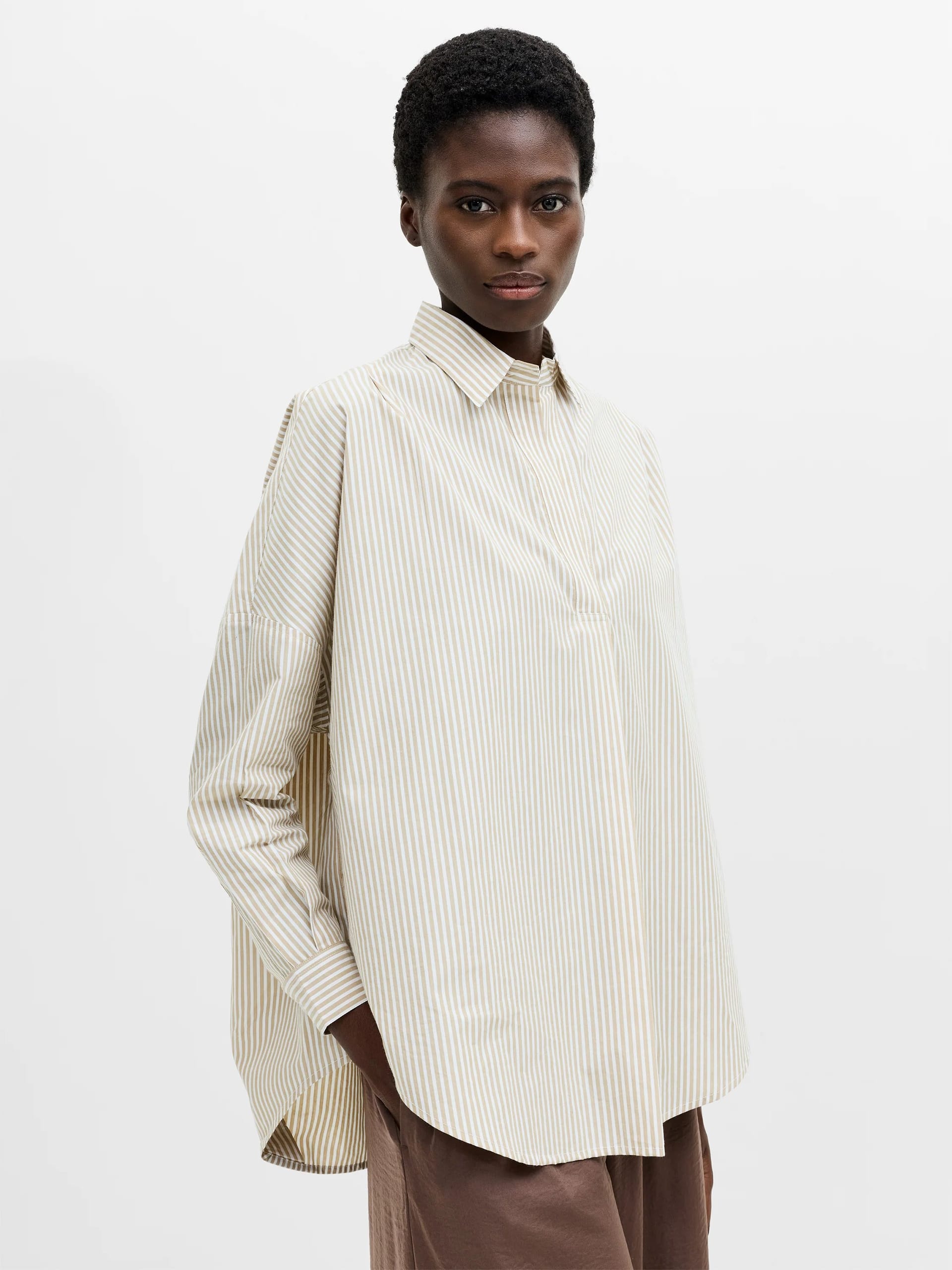 French Connection Beige/White Striped Poplin Long Sleeve Shirt