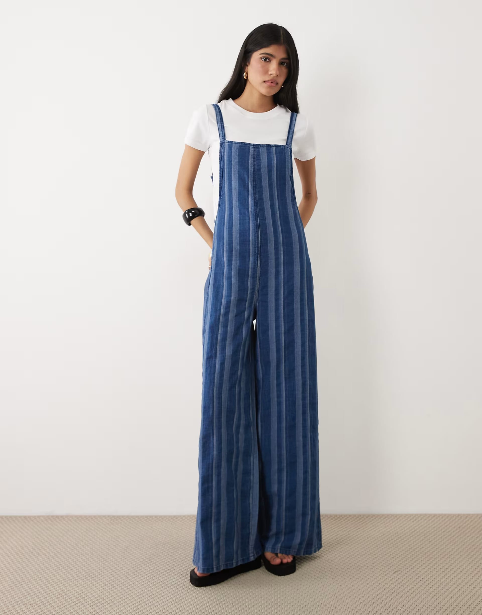 ASOS Denim Wide Leg Jumpsuit in Blue Stripe