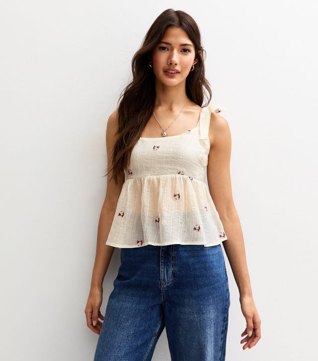 New Look Women's White Textured Floral Embroidered Tie Strap Flared Cami Top New Look - 2
