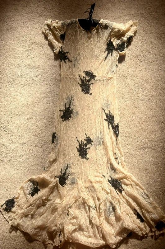 River Island Gorgeous Elegant Y2K Vintage Sheer Cream/Beige Lace Black Sequin Frill Dress