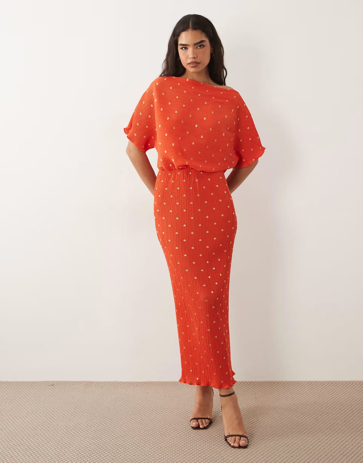 ASOS Never Fully Dressed Tilly off shoulder plisse maxi dress in red - 1