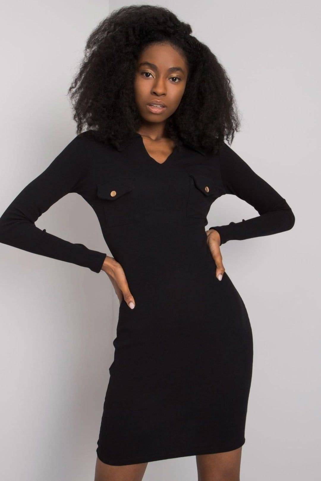 Love Lace Love Lace Women's Ribbed Heart Neck Pencil Dress Long Sleeve in Black - 1