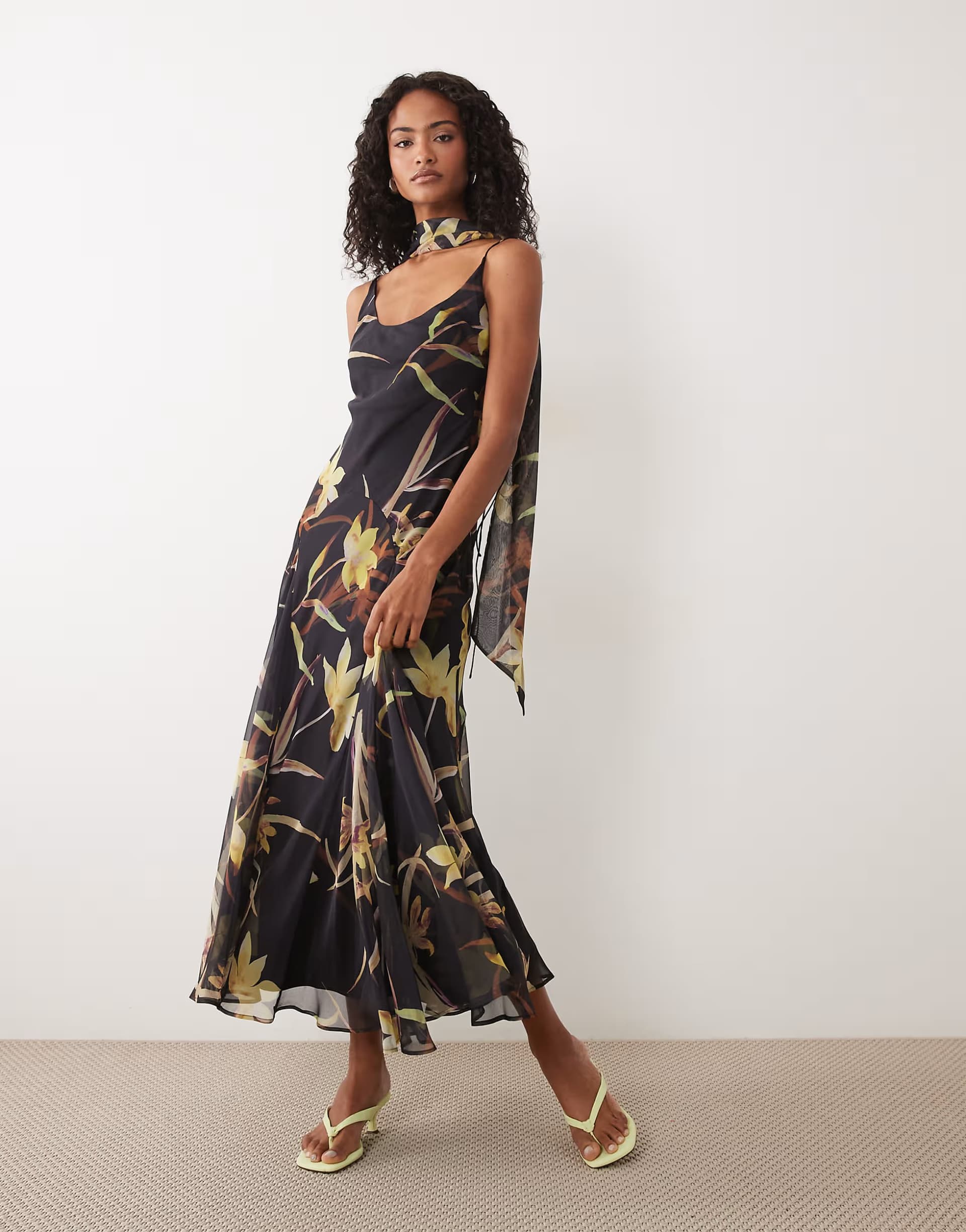 ASOS ASOS DESIGN scoop neck maxi dress with godet hem and scarf in brown floral