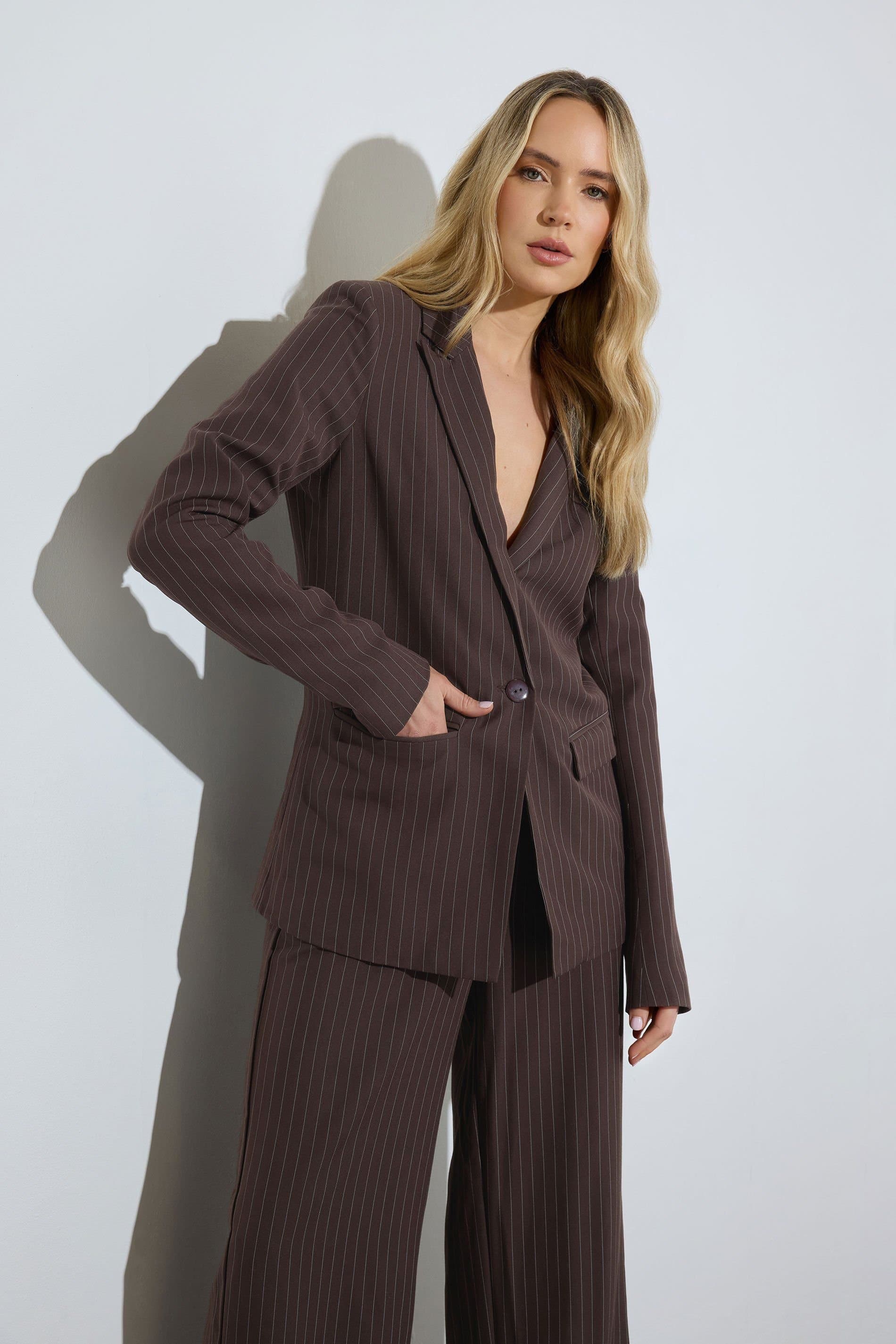 Long Tall Sally Long Tall Sally Women's Tall Pinstripe Blazer in Chocolate